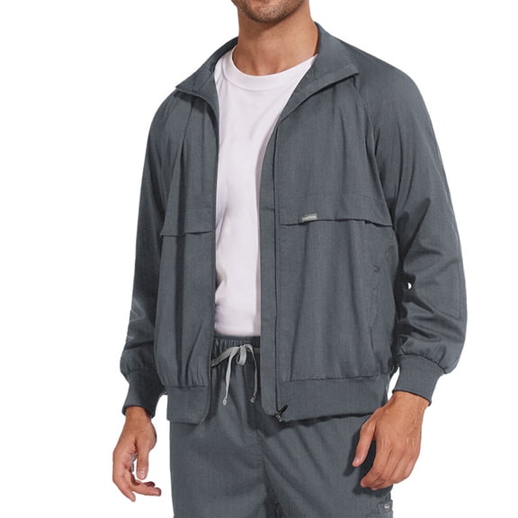 CCRFTGI Scrub Jacket Men Lightweight Long Sleeve Stand Collar Jacket Formal Scrub Jacket Soft Fall Workwear with Zipper Side Pockets Gray M