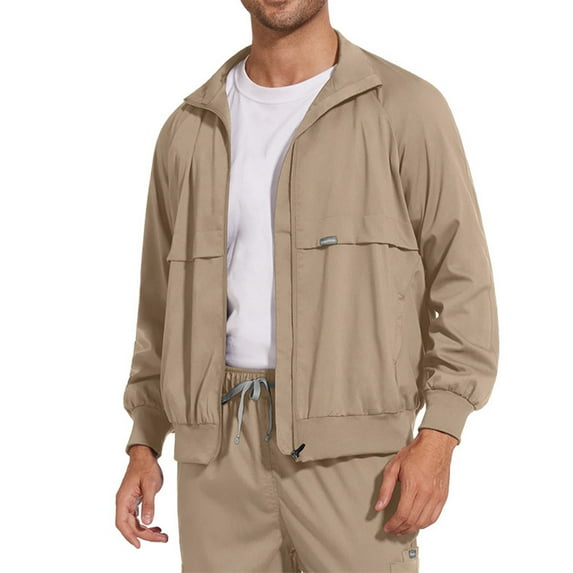 CCRFTGI Scrub Jacket Men Lightweight Long Sleeve Stand Collar Scrubs Hospital Scrub Jacket Classic Fall Track Jacket with Pocket Khaki M