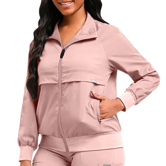 CCRFTGI Scrub Jacket Men Medical Long Sleeve Stand Collar Scrubs Hospital Nurse Jacket Classic Fall Workwear with Zipper Side Pockets Pink XXL