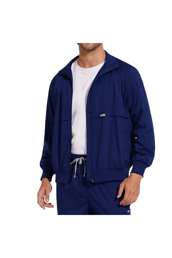 Scrub Jackets for Men Lightweight Long Sleeve Stand Collar Scrubs Hospital Nurse Jacket Soft Fall Track Jacket with Zipper Side Pockets Navy XL