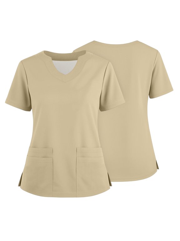 Scrubs for Women Plus Size Medical V Neck Uniforms Working Soft Stretch Wrinkle-Resist Scrubs Women Healthcare Anti Wrinkle Scrub Shirts With 2 pockets Beige M