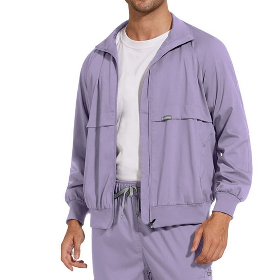 CCRFTGI Scrubs for Men Medical Long Sleeve Stand Collar Scrubs Formal Nurse Jacket Classic Fall Track Jacket with Pocket Light Purple XL