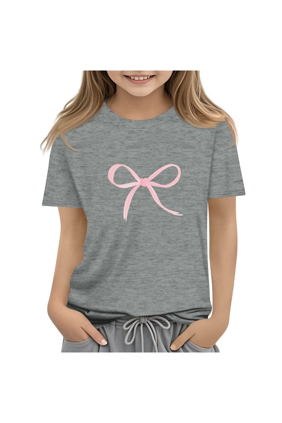 Shirt for Child Girls Size 7 Funny Preppy Bowknot Print T Shirts Fashion Tee Summer Tops Short Sleeve Crew Neck Tees Tops Light Gray 11-12 Years