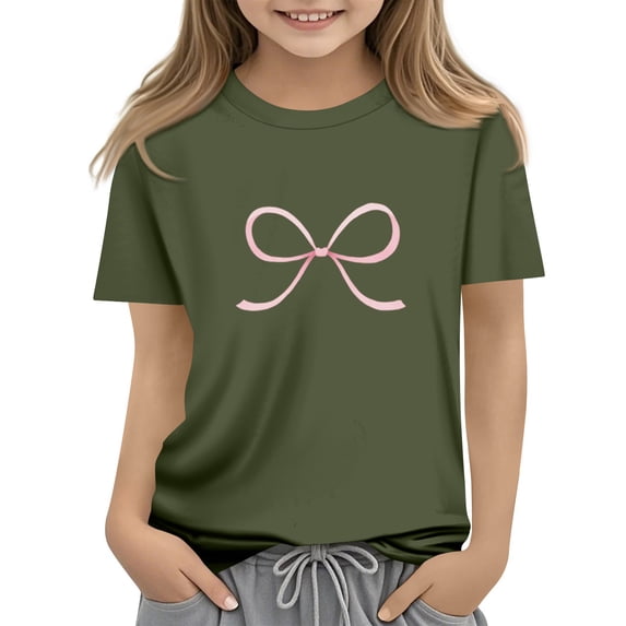 CCRFTGI Shirt for Children Girls Size 10-12 Funny Preppy Bowknot Graphic T Shirts Trendy T-Shirt Summer Tops Short Sleeve Crew Neck Tees Tops Army Green 9-10 Years