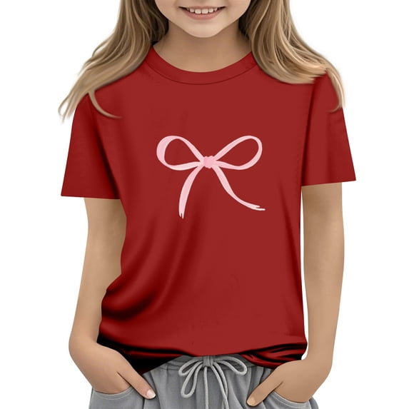 CCRFTGI Shirt for Children Girls 10-12 Cute Preppy Bowknot Print Shirts Trendy Tee Summer Tops Short Sleeve Crew Neck Girls Clothes Red 5-6 Years