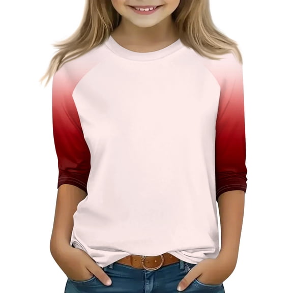 CCRFTGI Shirts for Boys Cute Red Raglan 3/4 Length Sleeve Shirts 2025 Summer Crew Neck Gradient Top Plus Size Lightweight Tops & Blouses,Red 10-11 Years