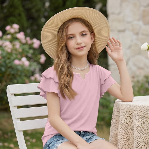 CCRFTGI Shirts for Child Girls Size 10-12 Ruffle Short Sleeve Casual Loose T-Shirts Trendy Tops Cute Little V Neck Summer Shirts Classic Tees Pink 3-4 Years