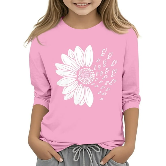 CCRFTGI Shirts for Girls 10-12 Cute 3/4 Sleeve Tops Summer Solid Sunflower Print T Shirts Preppy Loose Comfy Round Neck Girls Fashion Shirts Pink 12-13Y