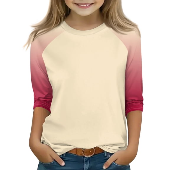 CCRFTGI Shirts for Girls Casual Watermelon Red Raglan 3/4 Length Sleeve Shirt 2025 Summer Crew Neck Gradient Tops Tunic Lightweight Tops & Blouses,Watermelon Red 8-9 Years