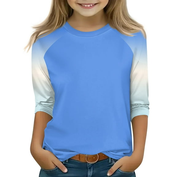 CCRFTGI Shirts for Teens Casual Light Blue Raglan 3/4 Sleeve Shirt 2025 Summer Crew Neck Gradient Top Going Out Lightweight Tops & Blouses,Light Blue 8-9 Years