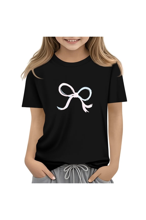 Shirts for Teens Girl Casual Short Sleeve Bowknot Print Tunic Tops Summer Crew Neck Shirt Comfort Loose Comfy Solid Teen Girl Clothes Black 15-16Y