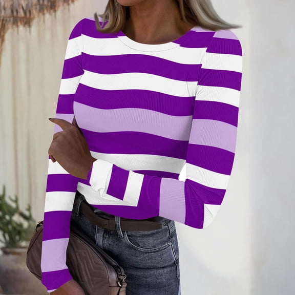 CCRFTGI Shirts for Women Long Sleeve Slim Fit Striped Color block Ribbed Underwear Tops Trendy Fall Winter Tees Stretch Fitted Crew Neck Blouse Purple L