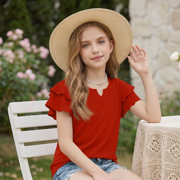 CCRFTGI Shirts for Girls 10-12 Ruffle Short Sleeve Casual Tee Shirt Girls Fashion Little V Neck Summer Shirts Basic Tees Red 3-4 Years
