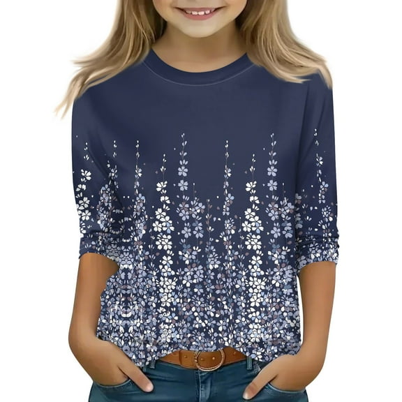 CCRFTGI Shirts for Girls 12-14 Floral Print 3/4 Sleeve Tween Girls Shirts Basic Crew Neck Shirts Fall Tween Gifts 10-12 Girls Trendy Navy 12-13 Years