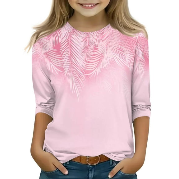 CCRFTGI Shirts for Girls 12-14 Ropa Niña Crew Neck Tween Girls Shirt Leaf Graphic 3/4 Length Sleeve Shirts Fall Girls Clothes 14 Pink 15-16 Years