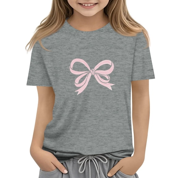 CCRFTGI Shirts for Girls Cute Short Sleeve Bowknot Graphic Tops Fall Crew Neck T-Shirts Fashion Loose Comfy Solid Clean Girl Clothes Light Gray 7-8Y