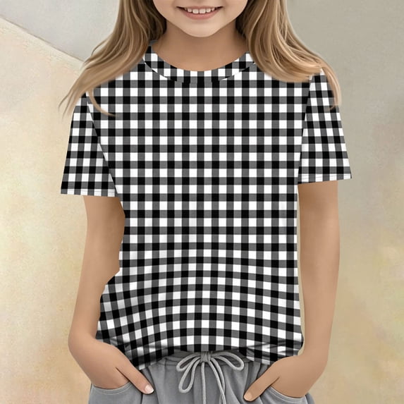 CCRFTGI Shirts for Girls Size 10-12 Cute Plaid Shirt Summer Tops Short Sleeve Girls Clothes Casual Crewneck Tees Black 11-12 Years
