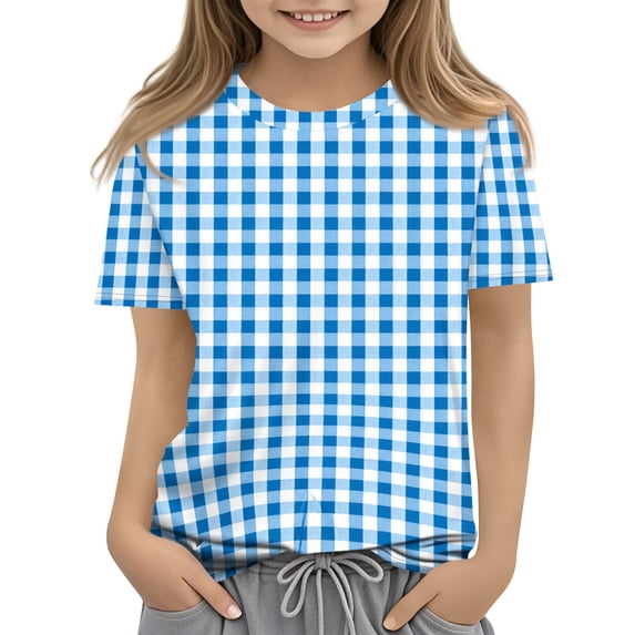CCRFTGI Shirts for Girls Size 10-12 Cute Plaid Shirt Summer Tops Short Sleeve Girls Clothes Casual Crewneck Tees Blue 9-10 Years