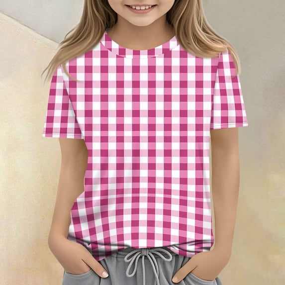CCRFTGI Shirts for Girls Size 10-12 Cute Plaid Shirt Summer Tops Short Sleeve Girls Clothes Casual Crewneck Tees Hot Pink 5-6 Years