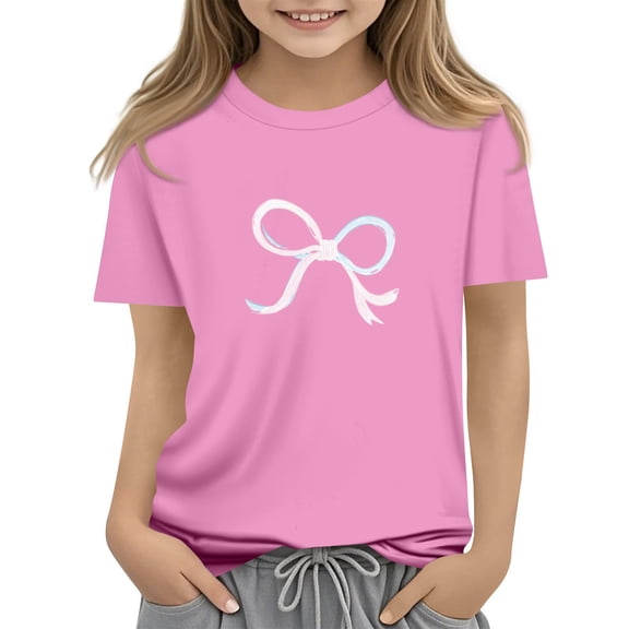 CCRFTGI Shirts for Girls Trendy Short Sleeve Bowknot Print Tops Summer Crewneck Shirt Fashion Loose Comfy Solid Clean Girl Aesthetic Pink 11-12Y