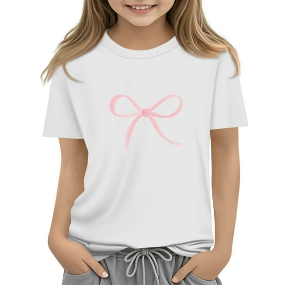 CCRFTGI Shirts for Teens Girl Trendy Short Sleeve Bow Print Tunic Tops Summer Crew Neck Shirt Comfort Soft Solid Clean Girl Clothes White 11-12Y
