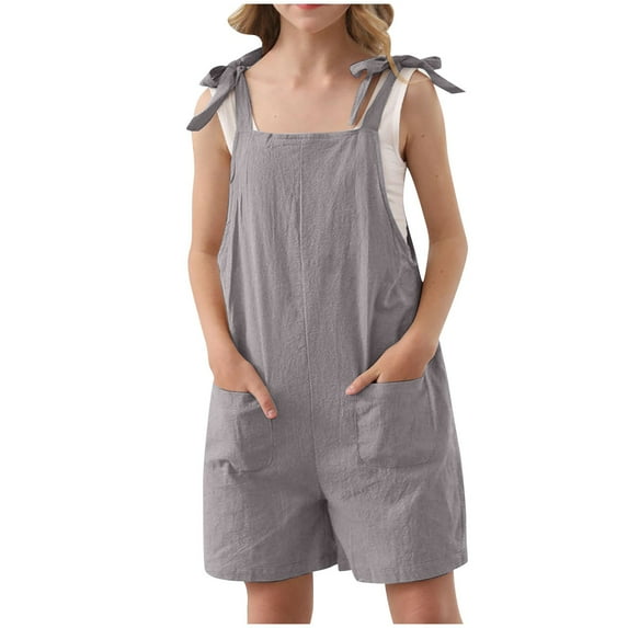 CCRFTGI Short Overalls for Kids Girls Size 10-12 Cute Summer Tops Adjustable Tie-Up Strap Girls Jumpsuit Casual Sleeveless Cotton Linen Big Sister Outfit Gray 9-10 Years