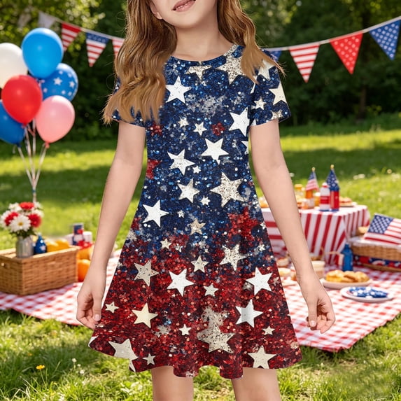 CCRFTGI Short Sleeve Dresses for Child Girls Size 8 Casual 250 Anniversary USA Flag Summer A Line Swing Skater Dress Cute American Flag Stars Dresses Holiday Girls Fashion Navy 11-12 Years