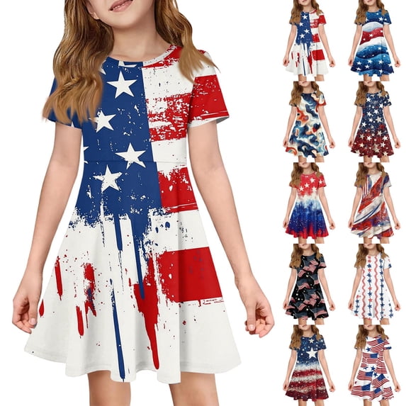 CCRFTGI Short Sleeve Dresses for Child Girls Size 8 Casual 250 Anniversary USA Flag Summer Swing Dress Cute American Flag Stars Striped Dresses Holiday Girls Fashion Royal Blue 3-4 Years