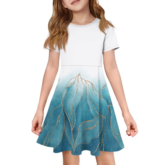 CCRFTGI Short Sleeve Dresses for Kids Girls 7-8 Basic Summer A Line Swing Skater Dress Cute Floral Print Dresses Holiday Girls Fashion Royal Blue 5-6 Years