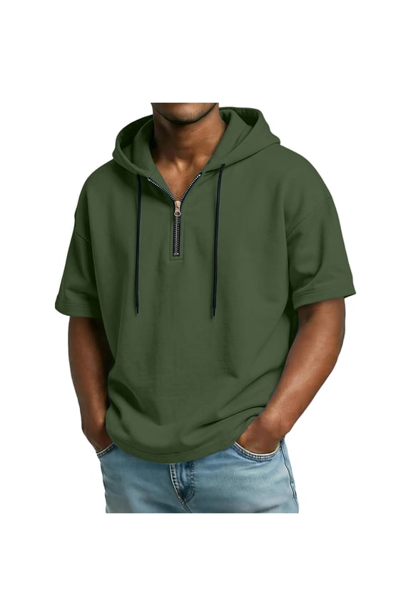 Short Sleeve Hoodies for Men Big and Tall Solid Hooded T-Shirts Quater Zipper Drawstring Summer T Shirts Trendy Athletic Tee Tops Army Green M
