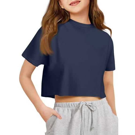 CCRFTGI Short Sleeve T Shirts for Girls Crewneck Crop Top Casual Navy Tshirt 2025 Summer Plain T Shirts,Navy 5-6 Years