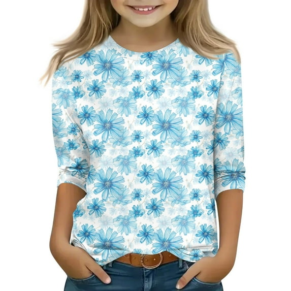 CCRFTGI Size 10 Girls Clothes Floral Print 3/4 Length Sleeve Tween Girls Shirt Basic Crewneck Shirt Fall Girls Clothing 12 -14 Royal Blue 5-7 Years
