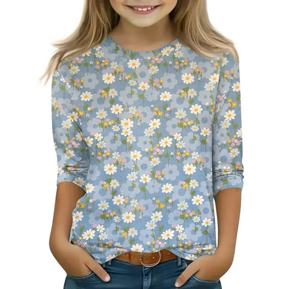 CCRFTGI Clothes Kids Size 5-7 Ropa Niña 3/4 Length Sleeve Tween Girls Tops Crew Neck Floral Print Shirts Fall Girls 12-14 Clothes Light Blue 5-7 Years