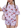 thumbnail image 1 of CCRFTGI Summer Clothes for Child Girls Size 7-8 Two Piece Outfits Cute Preppy Clothing Sets Casual Cherry Print Short Sleeve Tee Top and Waist Shorts Athletic Tracksuit Purple 11-12 Years, 1 of 7