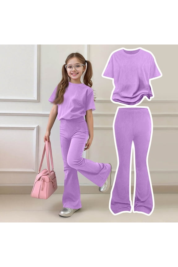 Summer Outfits for Child Girls 10-12 Cute Y2k 2 Piece Outfits Oversized T Shirts and Flare Pants High Waist Athletic Clothing Sets Purple 2-3 Years
