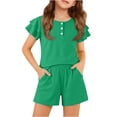 thumbnail image 1 of CCRFTGI Summer Outfits for Children Girls Size 7 Casual Lounge 2 Piece Outfits Button Down Ruffle T Shirts and Shorts Elastic Waist Active Gym Clothing Sets Green 5-6 Years, 1 of 2