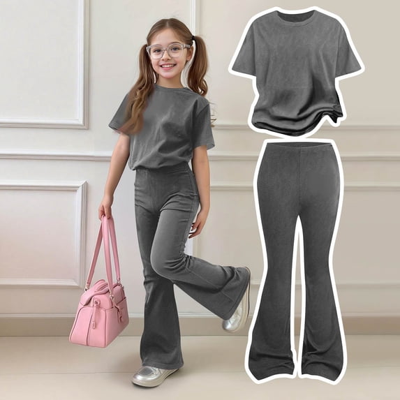 CCRFTGI Summer Outfits for Children Girls Size 7 Casual Lounge 2 Piece Outfits Short Sleeve T-Shirts and High Waist Flare Pants Athletic Summer Outfits for Girls Dark Gray 2-3 Years