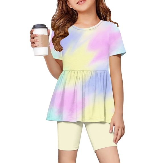 CCRFTGI Summer Outfits for Children Girls Size 7 Two Piece Outfits Cute Clothing Sets Casual Gradient Short Sleeve Ruffle Hem T Shirts Top and Biker Shorts Girl Clothes Purple 7-8 Years