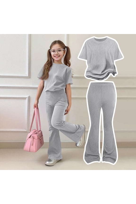 Summer Outfits for Kids Girls Size 10-12 Casual Lounge 2 Piece Outfits Short Sleeve T-Shirts and High Waist Flare Pants Athletic Girls Summer Clothes Gray 11-12 Years