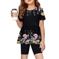 thumbnail image 1 of CCRFTGI Summer Outfits for Kids Girls Size 10-12 Cute 2 Piece Outfits Lounge Set Athletic Floral Print Short Sleeve Ruffle Hem T Shirt and Elastic Waist Biker Shorts Clothing Sets Navy 9-10 Years, 1 of 6