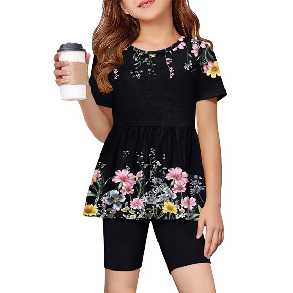 CCRFTGI Summer Outfits for Kids Girls Size 10-12 Cute 2 Piece Outfits Lounge Set Athletic Floral Print Short Sleeve Ruffle Hem T Shirt and Elastic Waist Biker Shorts Clothing Sets Navy 9-10 Years