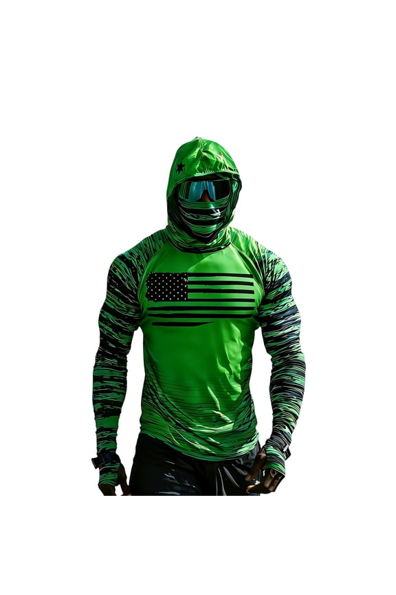 Sun Protection Shirts for Men UPF 50+ Sun Protection with Mask Athletic Fishing Rash Guard Long Sleeve Shirts USA Flag Rash Guards Raglan Shirt Men Green L