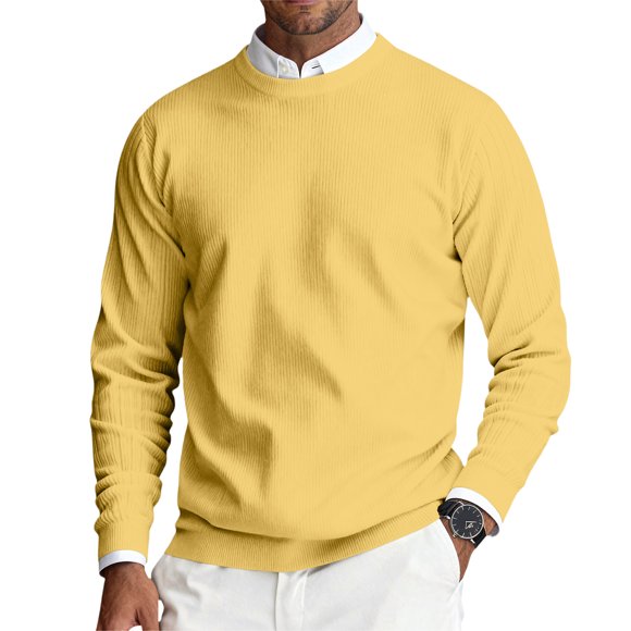 CCRFTGI Sweater for Men 2025 Fall Casual Ribbed Solid Color Sweater Lightweight Long Sleeve Crewneck Sweater Pullover Cable Knitted Jumper Tops Yellow XL
