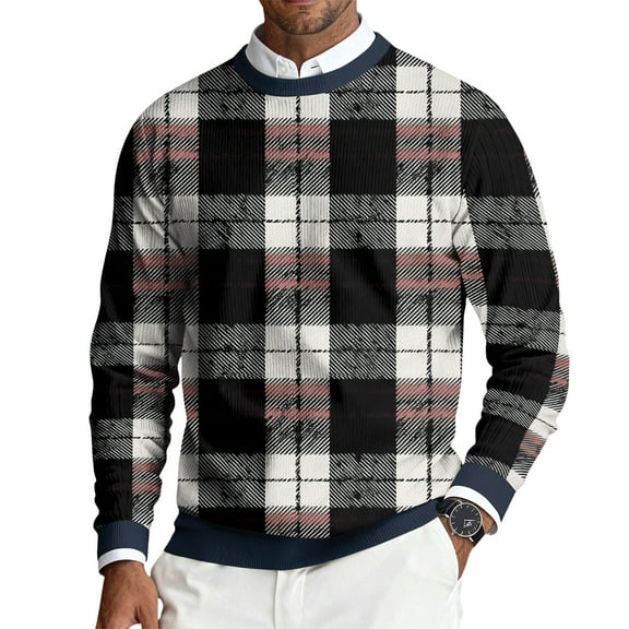 CCRFTGI Sweater for Men 2025 Fashion Big and Tall Ribbed Plaid Sweater Lightweight Long Sleeve Crewneck Sweater Pullover Cable Knitted Jumper Tops Gray L