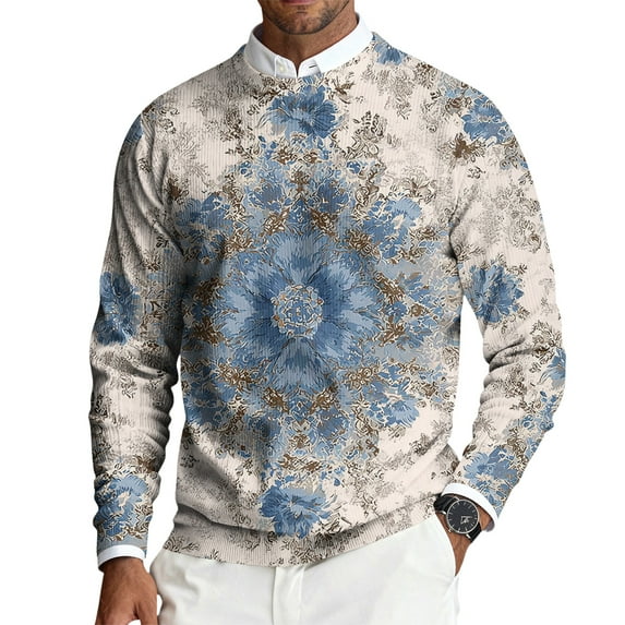 CCRFTGI Sweater for Men 2025 Fashion Big and Tall Ribbed Vintage Floral Print Sweater Lightweight Long Sleeve Crewneck Sweater Pullover Cable Knitted Sweater Top Light Gray 4XL