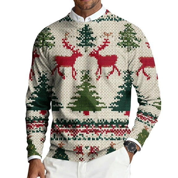 CCRFTGI Sweater for Men 2025 Fashion Big and Tall Ribbed Xmas Tree Reindeer Print Sweater Trendy Long Sleeve Crewneck Sweater Pullover Knit Jumper Tops Beige 3XL