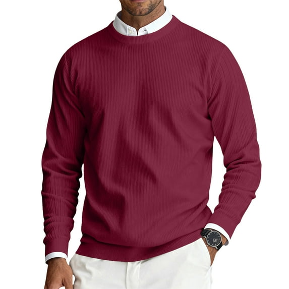 CCRFTGI Sweater for Men 2025 Fall Casual Ribbed Solid Color Sweater Lightweight Long Sleeve Crewneck Sweater Pullover Knit Sweater Top Wine L