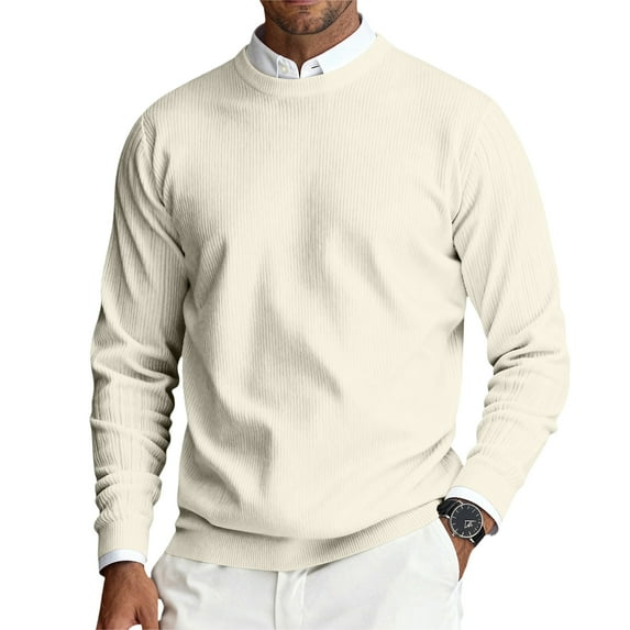 CCRFTGI Sweater for Men 2025 Fall Casual Ribbed Solid Color Sweater Trendy Long Sleeve Crewneck Sweater Pullover Cable Knitted Pullover Top Beige L