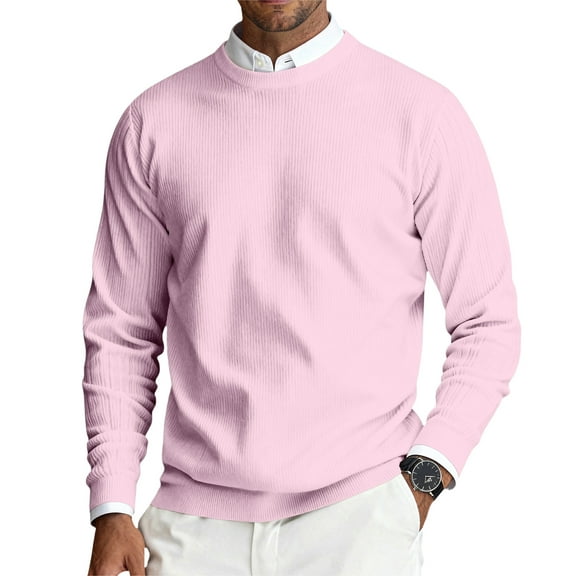 CCRFTGI Sweater for Men 2025 Fashion Casual Ribbed Solid Color Sweater Lightweight Long Sleeve Crewneck Sweater Pullover Knit Pullover Top Pink 3XL