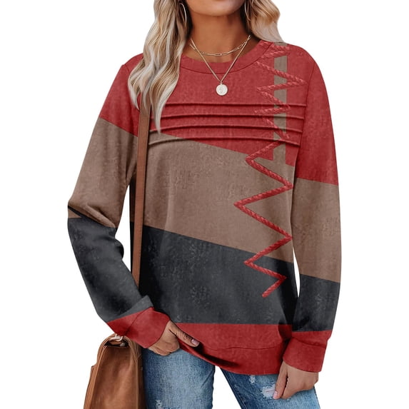 CCRFTGI Sweatshirt for Women Fashion Long Sleeve Crewneck Blouses Lightweight Geometric Ethnic Sweatshirt Casual Fall Tops Vermilion M